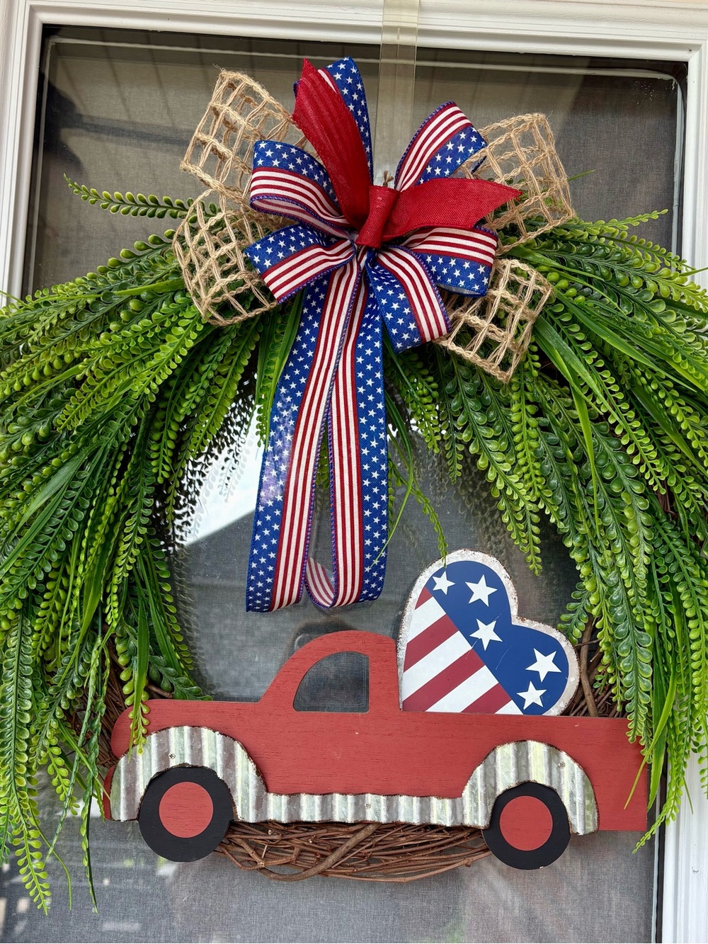 Patriotic Red Truck Door Wreath with Flag Heart Accent
